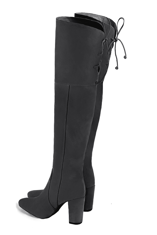 Dark grey women's leather thigh-high boots. Round toe. High block heels. Made to measure. Rear view - Florence KOOIJMAN